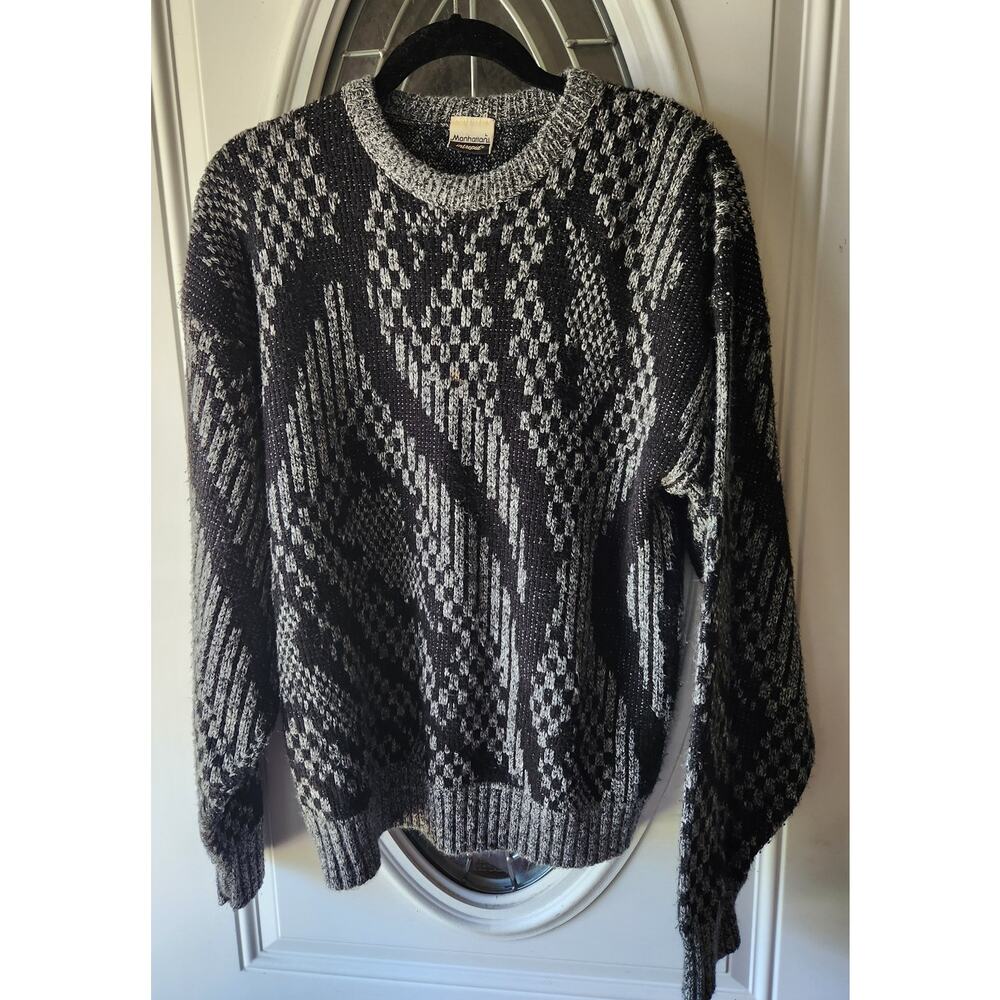 Vintage Manhattan Textured Knit Sweater Mens Large Coogi Style Grandpa Black Gra